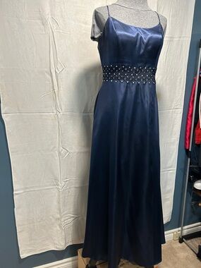 David's Bridal Navy Satin Spaghetti Strap Maxi Dress with Beaded Waist